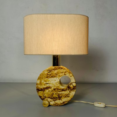 Mid-Century Modern Italian Travertine Table Lamp with Cotton Lampshade, 1970s-GDD-1097078