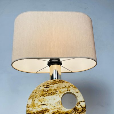 Mid-Century Modern Italian Travertine Table Lamp with Cotton Lampshade, 1970s-GDD-1097078