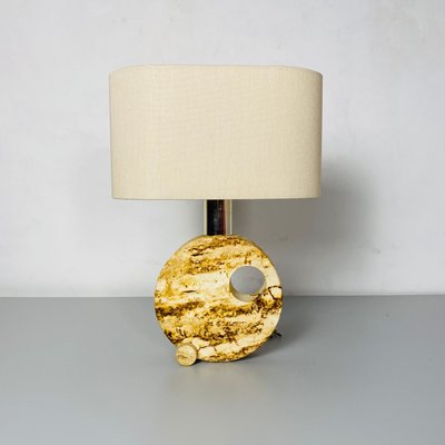 Mid-Century Modern Italian Travertine Table Lamp with Cotton Lampshade, 1970s-GDD-1097078