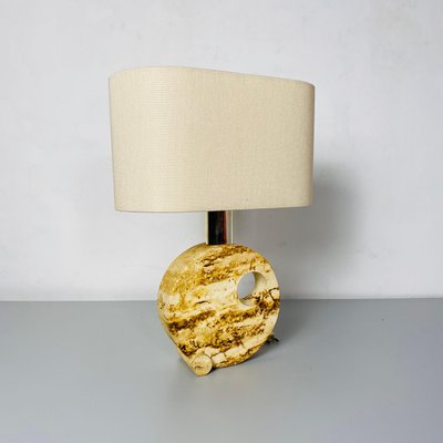 Mid-Century Modern Italian Travertine Table Lamp with Cotton Lampshade, 1970s-GDD-1097078