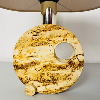 Mid-Century Modern Italian Travertine Table Lamp with Cotton Lampshade, 1970s-GDD-1097078