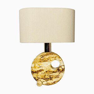 Mid-Century Modern Italian Travertine Table Lamp with Cotton Lampshade, 1970s-GDD-1097078