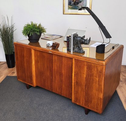 Mid-Century Modern Italian Walnut, Brass & Glass Writing Desk, 1950s-EUP-1385794