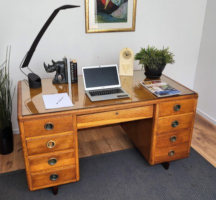 Mid-Century Modern Italian Walnut, Brass & Glass Writing Desk, 1950s-EUP-1385794