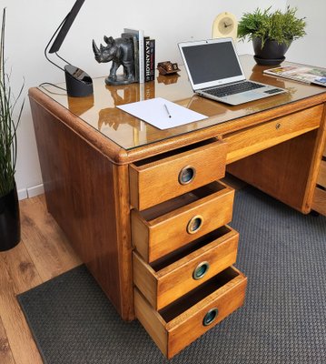 Mid-Century Modern Italian Walnut, Brass & Glass Writing Desk, 1950s-EUP-1385794