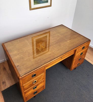 Mid-Century Modern Italian Walnut, Brass & Glass Writing Desk, 1950s-EUP-1385794