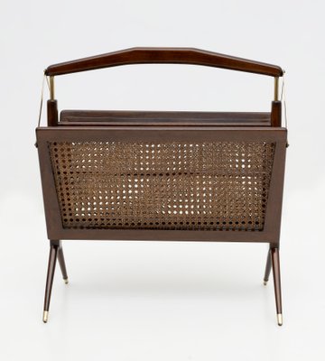 Mid-Century Modern Italian Wicker and Brass Magazine Rack by Cesare Lacca, 1950s-FER-1779582