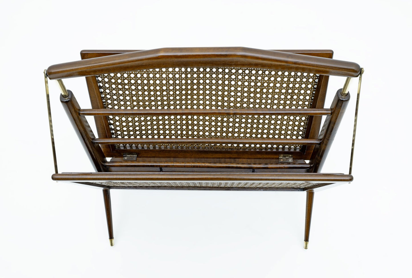 Mid-Century Modern Italian Wicker and Brass Magazine Rack by Cesare Lacca, 1950s