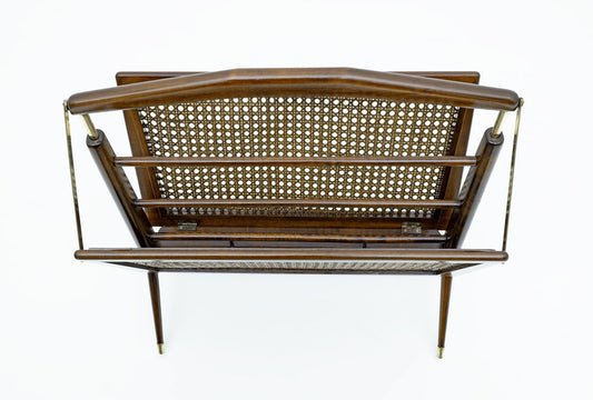 Mid-Century Modern Italian Wicker and Brass Magazine Rack by Cesare Lacca, 1950s