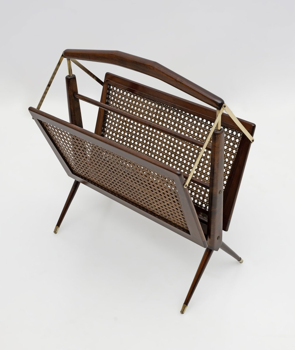 Mid-Century Modern Italian Wicker and Brass Magazine Rack by Cesare Lacca, 1950s