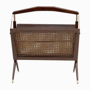 Mid-Century Modern Italian Wicker and Brass Magazine Rack by Cesare Lacca, 1950s-FER-1779582