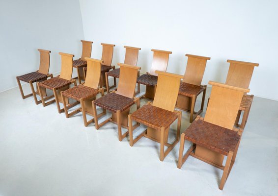 Mid-Century Modern Italian Wood and Leather Chairs, 1950s, Set of 12-FGA-1783826