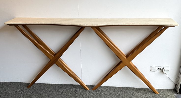 Mid-Century Modern Italian Wood and Marble Wave Console Table, 1980s-FUE-1758442