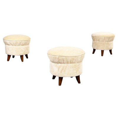 Mid-Century Modern Italian Wooden 51 Poufs in Beige Fabric, 1960s, Set of 3-GDD-1325529