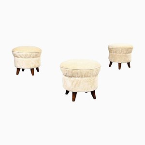 Mid-Century Modern Italian Wooden 51 Poufs in Beige Fabric, 1960s, Set of 3-GDD-1325529