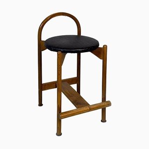 Mid-Century Modern Italian Wooden Structure & Faux Leather Seat High Stool, 1970s-GDD-1428339