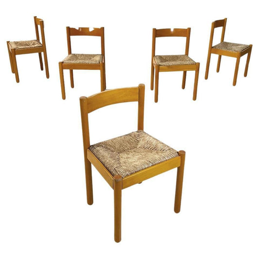 Mid-Century Modern Italian Wooden Wicker Chairs by La Rinascente, 1960s, Set of 5