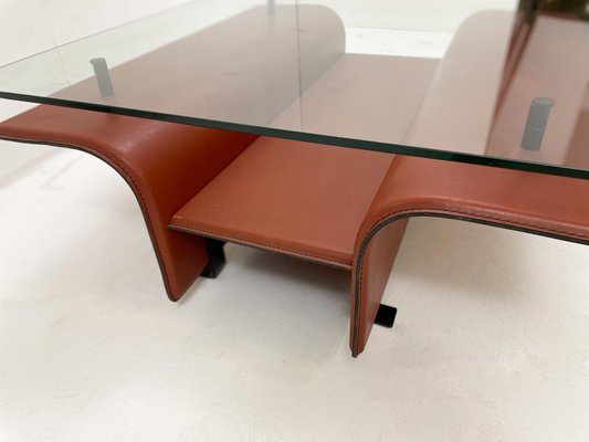 Mid-Century Modern Leather and Glass Coffee Table, Italy, 1980s-FGA-1317338