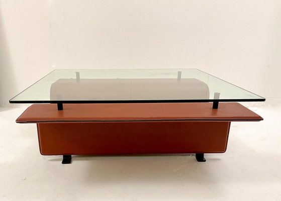 Mid-Century Modern Leather and Glass Coffee Table, Italy, 1980s-FGA-1317338