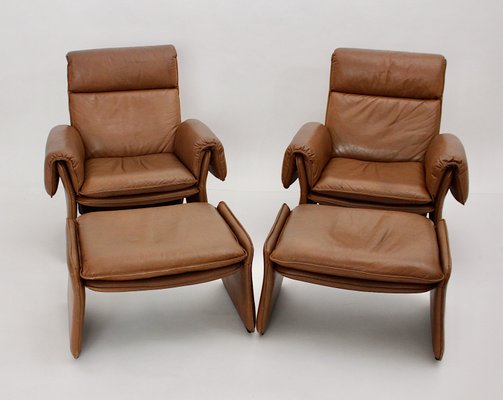 Mid-Century Modern Leather Lounge Chairs with Ottomans, Italy, 1960s, Set of 4-NB-1346023