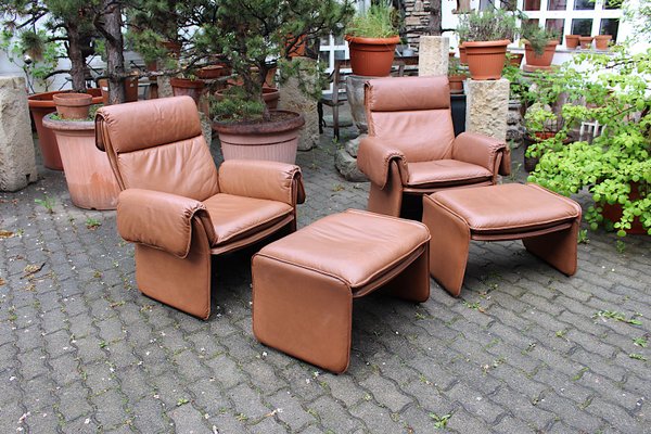 Mid-Century Modern Leather Lounge Chairs with Ottomans, Italy, 1960s, Set of 4-NB-1346023