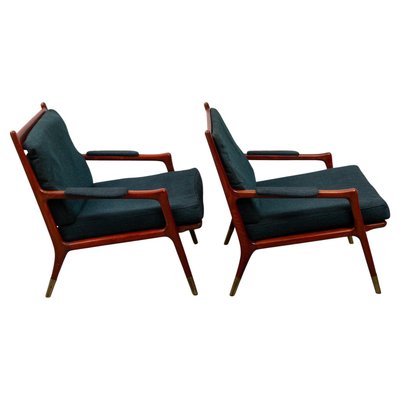 Mid-Century Modern Lounge Chairs in Walnut and Brass, Denmark, 1960s, Set of 2-KL-2028628