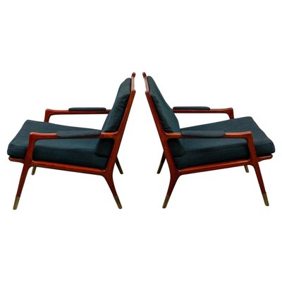 Mid-Century Modern Lounge Chairs in Walnut and Brass, Denmark, 1960s, Set of 2-KL-2028628