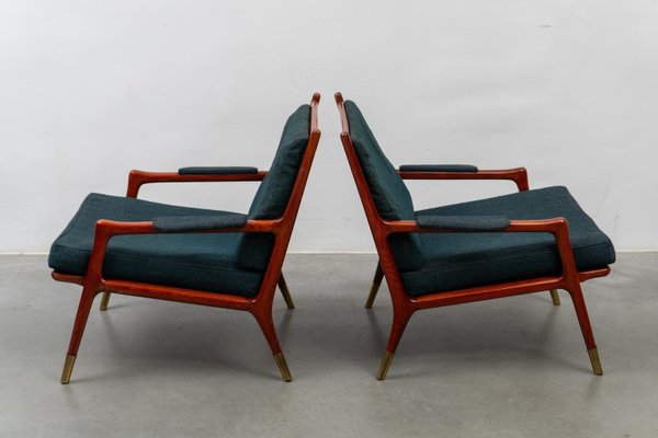 Mid-Century Modern Lounge Chairs in Walnut and Brass, Denmark, 1960s, Set of 2-KL-2028628