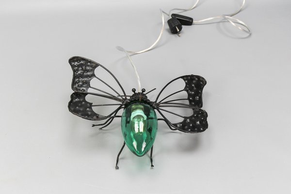 Mid-Century Modern Metal and Green Murano Glass Wall Lamp Butterfly, Italy, 1960s-KEG-1669962