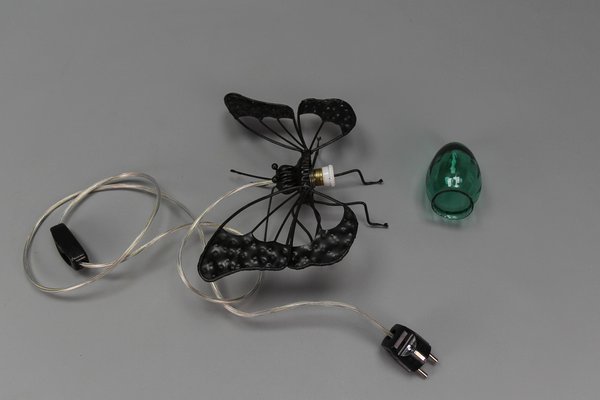 Mid-Century Modern Metal and Green Murano Glass Wall Lamp Butterfly, Italy, 1960s-KEG-1669962