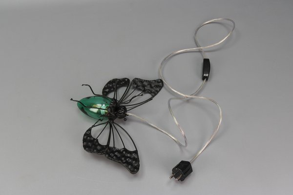 Mid-Century Modern Metal and Green Murano Glass Wall Lamp Butterfly, Italy, 1960s-KEG-1669962