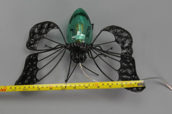 Mid-Century Modern Metal and Green Murano Glass Wall Lamp Butterfly, Italy, 1960s-KEG-1669962