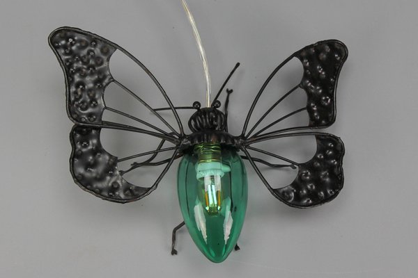 Mid-Century Modern Metal and Green Murano Glass Wall Lamp Butterfly, Italy, 1960s-KEG-1669962