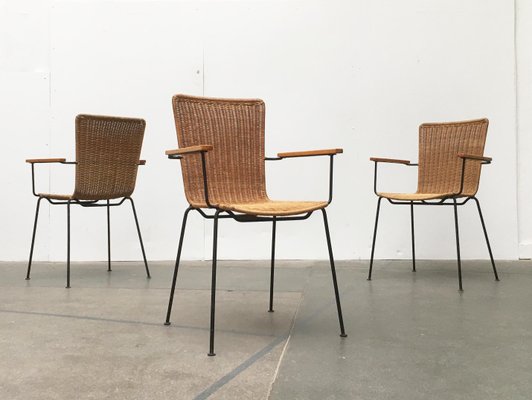 Mid-Century Modern Metal & Rattan Dining Chairs, Set of 3-UAH-879141