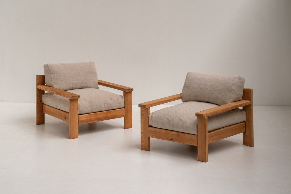 Mid-Century Modern Minimalistic Armchairs in Natural Wood, Italy, 1970s, Set of 2