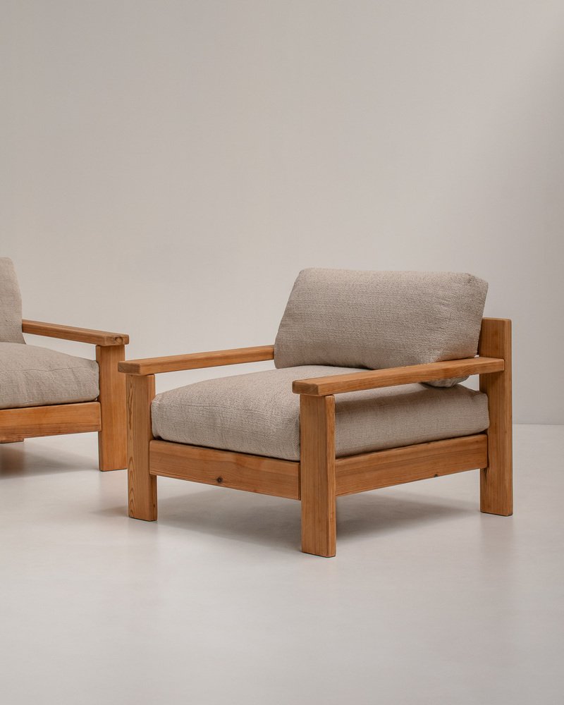 Mid-Century Modern Minimalistic Armchairs in Natural Wood, Italy, 1970s, Set of 2