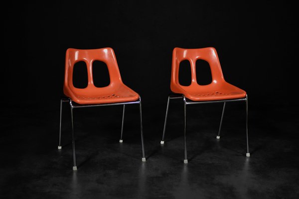 Mid-Century Modern Orange Plastic and Chrome Chairs from Plasson, 1960s, Set of 2-ZAA-1792511