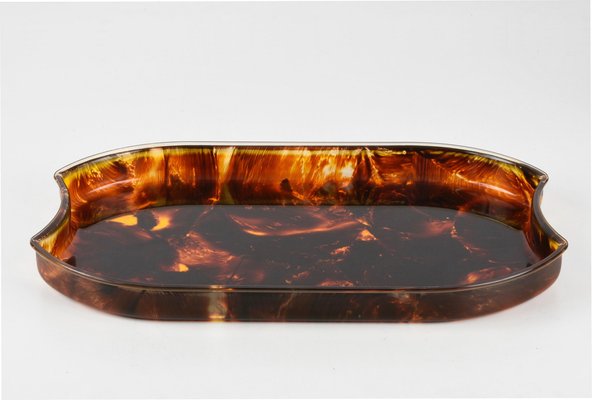 Mid-Century Modern Oval Serving Tray in Tortoiseshell Effect Acrylic Glass, Italy, 1970s-JDR-1743400