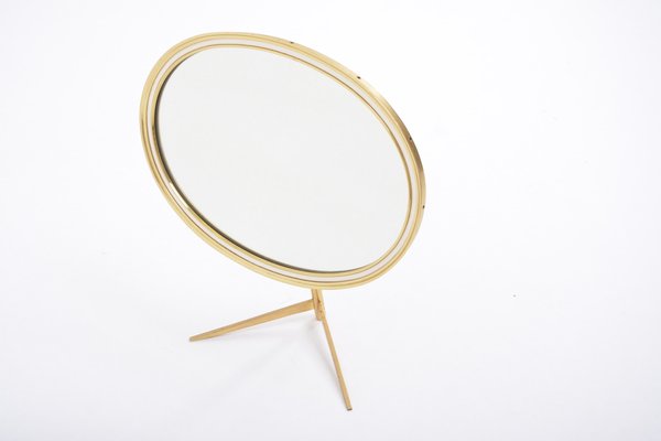 Mid-Century Modern Oval Vanity Brass Table Mirror from Vereinigte Werkstätten Collection, 1960s-FN-695044