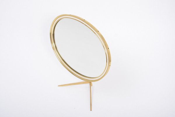 Mid-Century Modern Oval Vanity Brass Table Mirror from Vereinigte Werkstätten Collection, 1960s-FN-695044