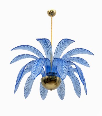 Mid-Century Modern Palm Leaves Chandelier in Light Blue Murano Glass and Brass, 1970-FER-1798667