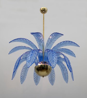 Mid-Century Modern Palm Leaves Chandelier in Light Blue Murano Glass and Brass, 1970-FER-1798667