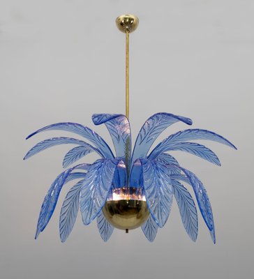 Mid-Century Modern Palm Leaves Chandelier in Light Blue Murano Glass and Brass, 1970-FER-1798667