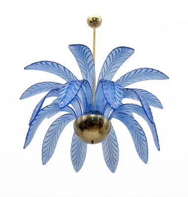 Mid-Century Modern Palm Leaves Chandelier in Light Blue Murano Glass and Brass, 1970-FER-1798667