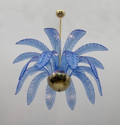 Mid-Century Modern Palm Leaves Chandelier in Light Blue Murano Glass and Brass, 1970-FER-1798667