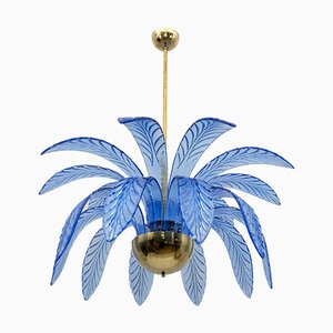 Mid-Century Modern Palm Leaves Chandelier in Light Blue Murano Glass and Brass, 1970-FER-1798667