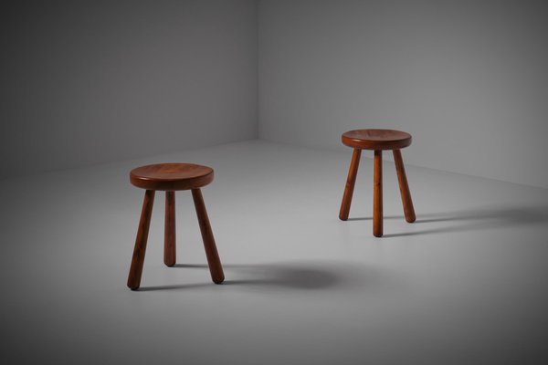 Mid-Century Modern Pine Stools, France, 1960s, Set of 2-CO-1351693