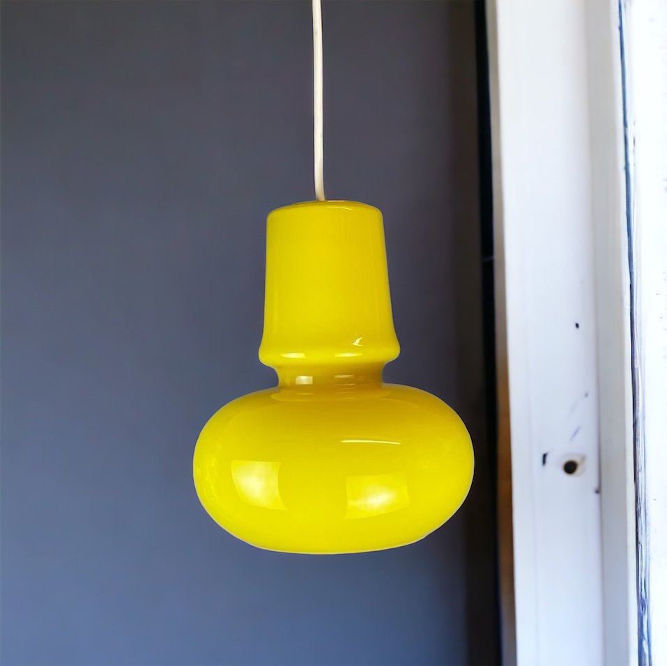 Mid-Century Modern Portuguese Canary Yellow Opaline Glass Hanging Lamp, 1970s