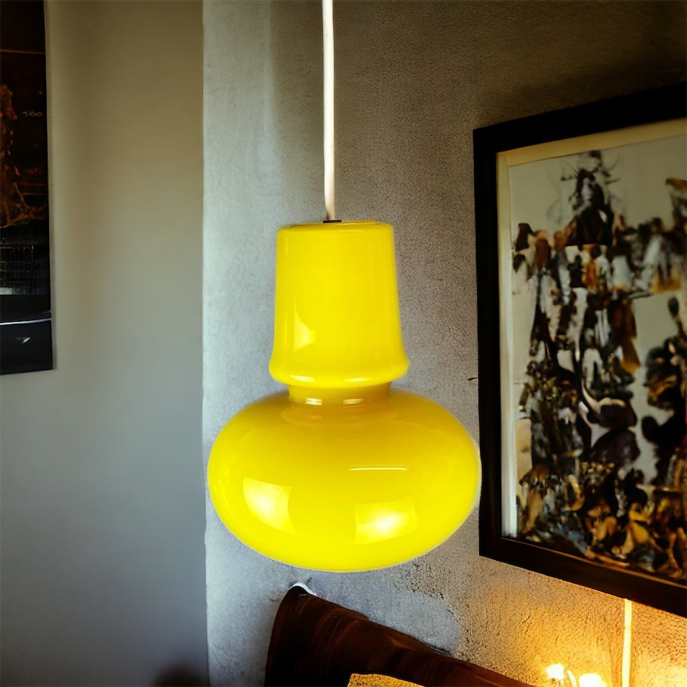 Mid-Century Modern Portuguese Canary Yellow Opaline Glass Hanging Lamp, 1970s