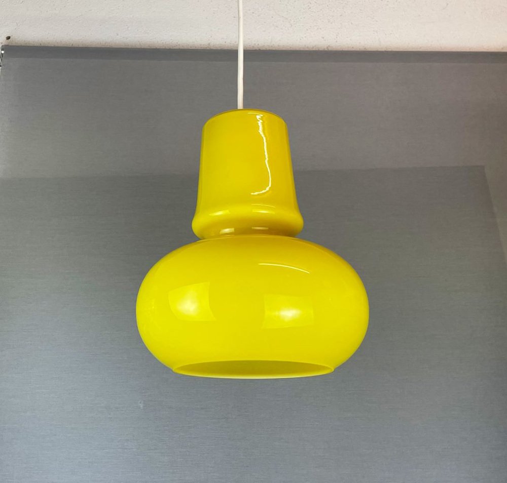 Mid-Century Modern Portuguese Canary Yellow Opaline Glass Hanging Lamp, 1970s